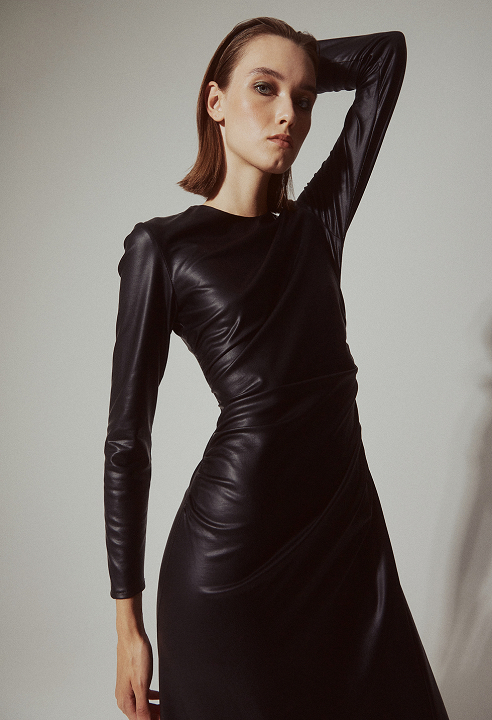 Draped dress with leather effect