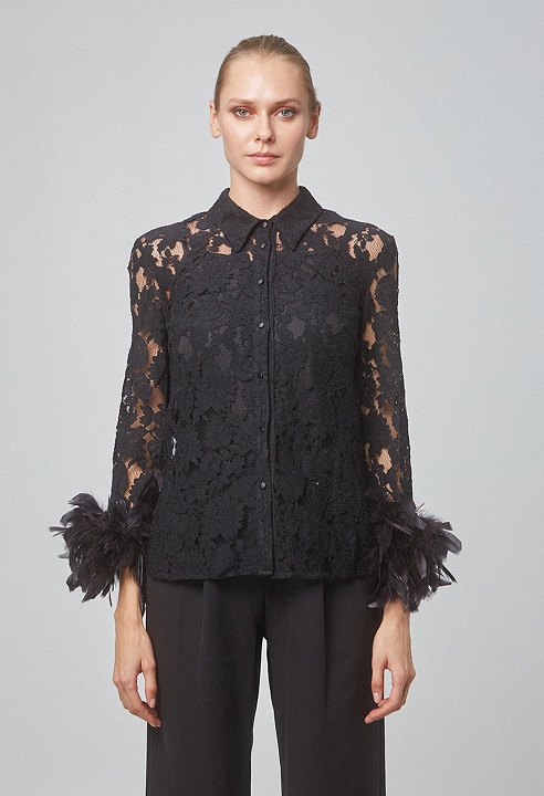 Lace shirt with feathers