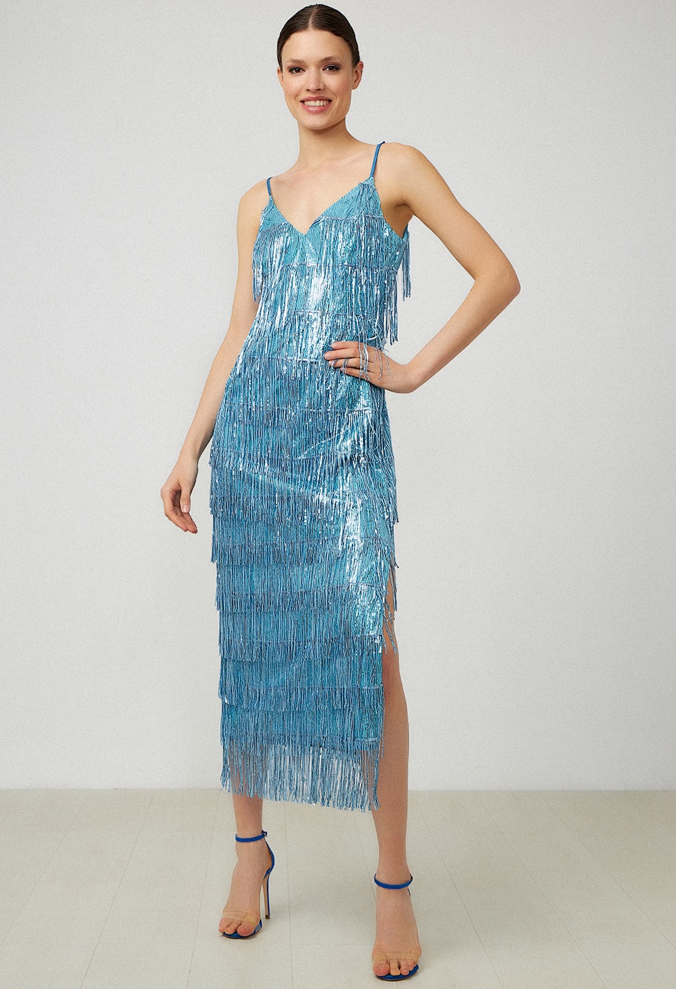 Evening dress with sequin fringe