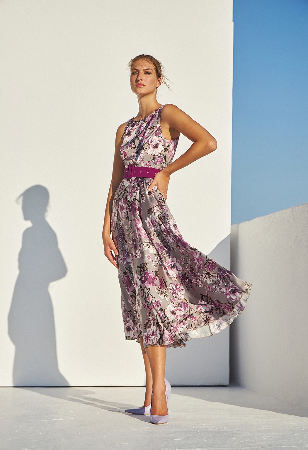 Printed cocktail dress with belt