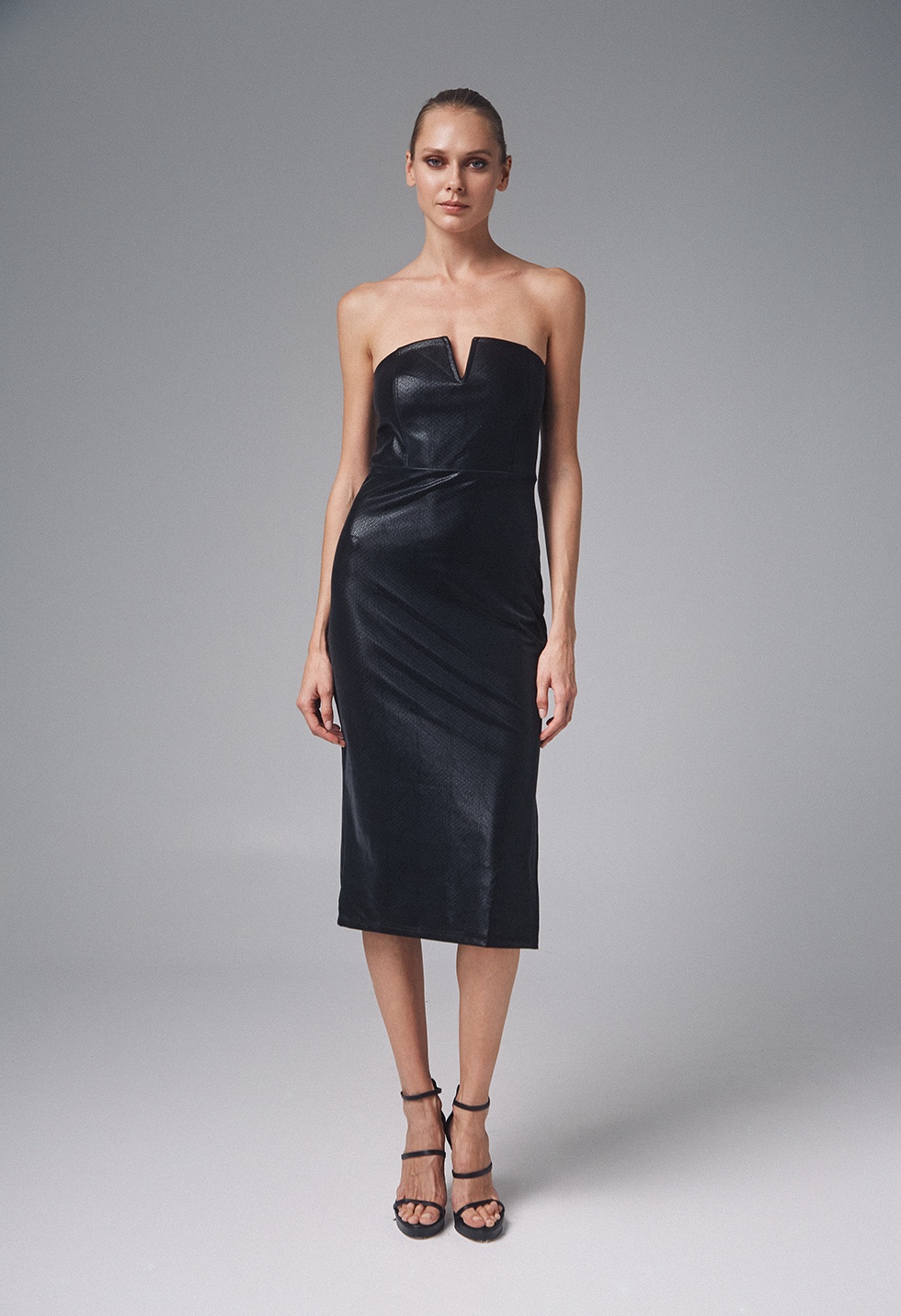 Strapless dress with leather effect