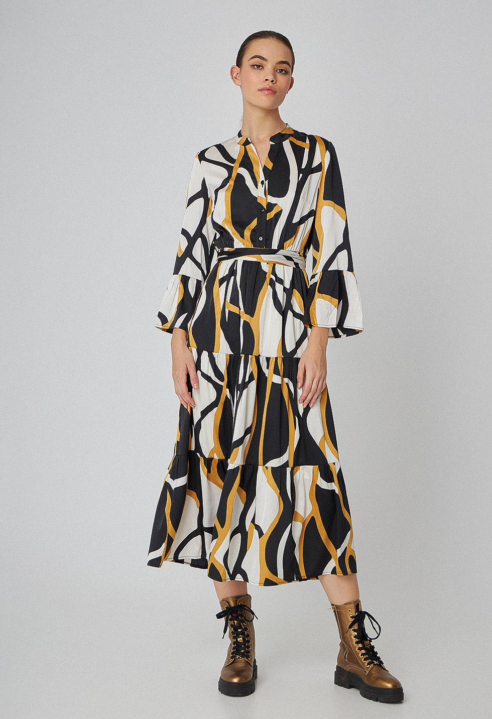 Printed satin dress with sections
