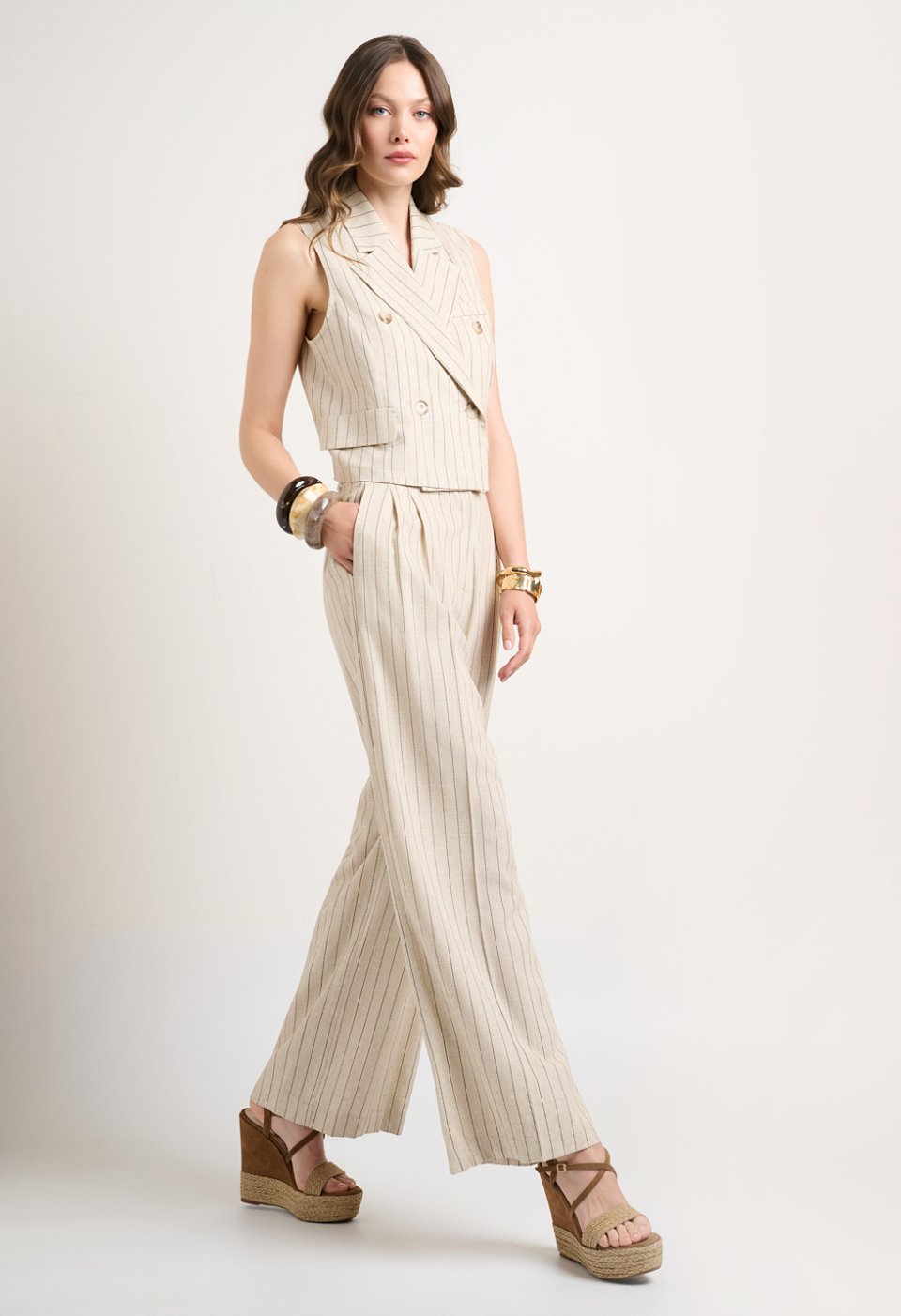 Beige striped pleated trousers