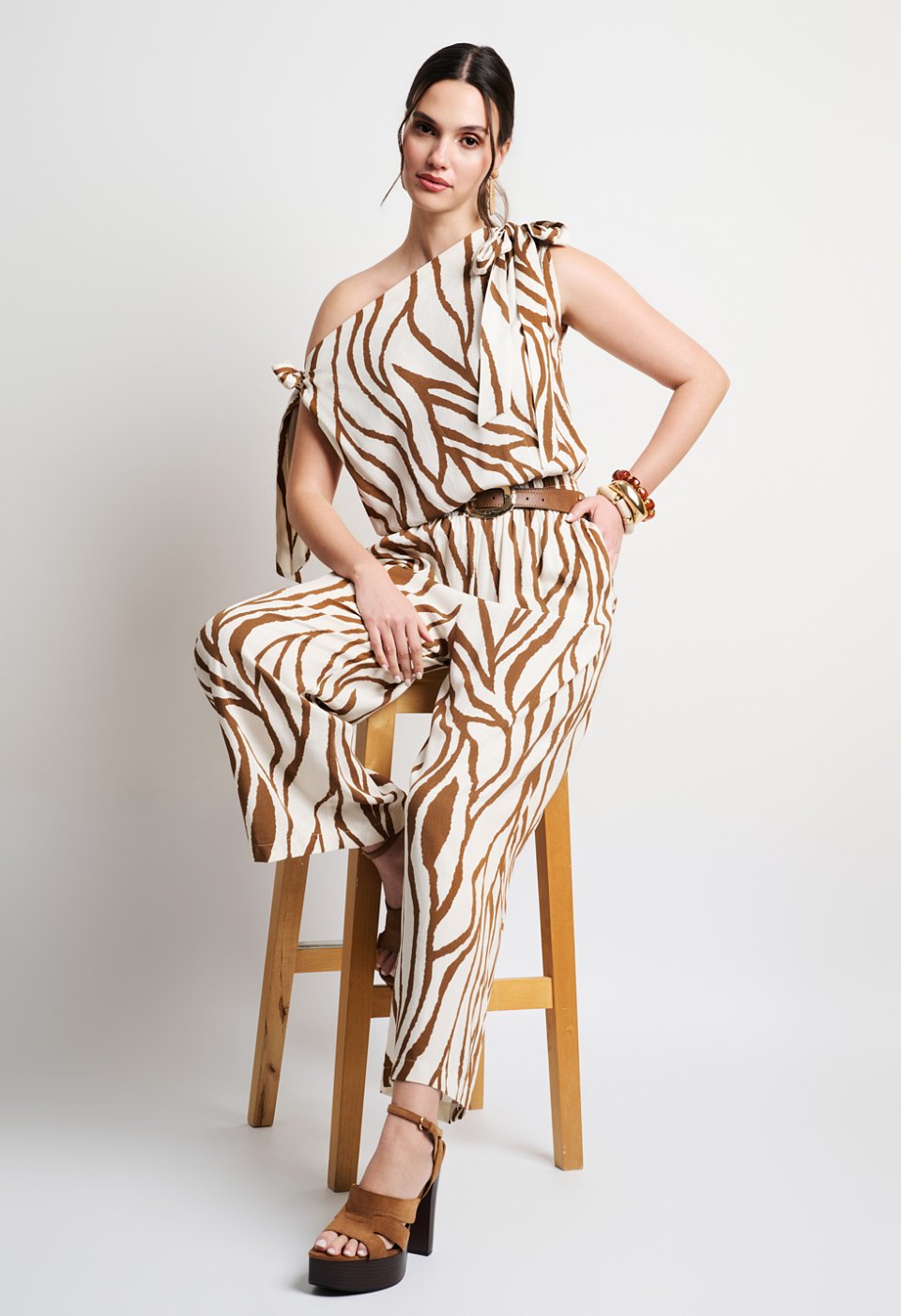 Zebra print jumpsuit with tie shoulder straps