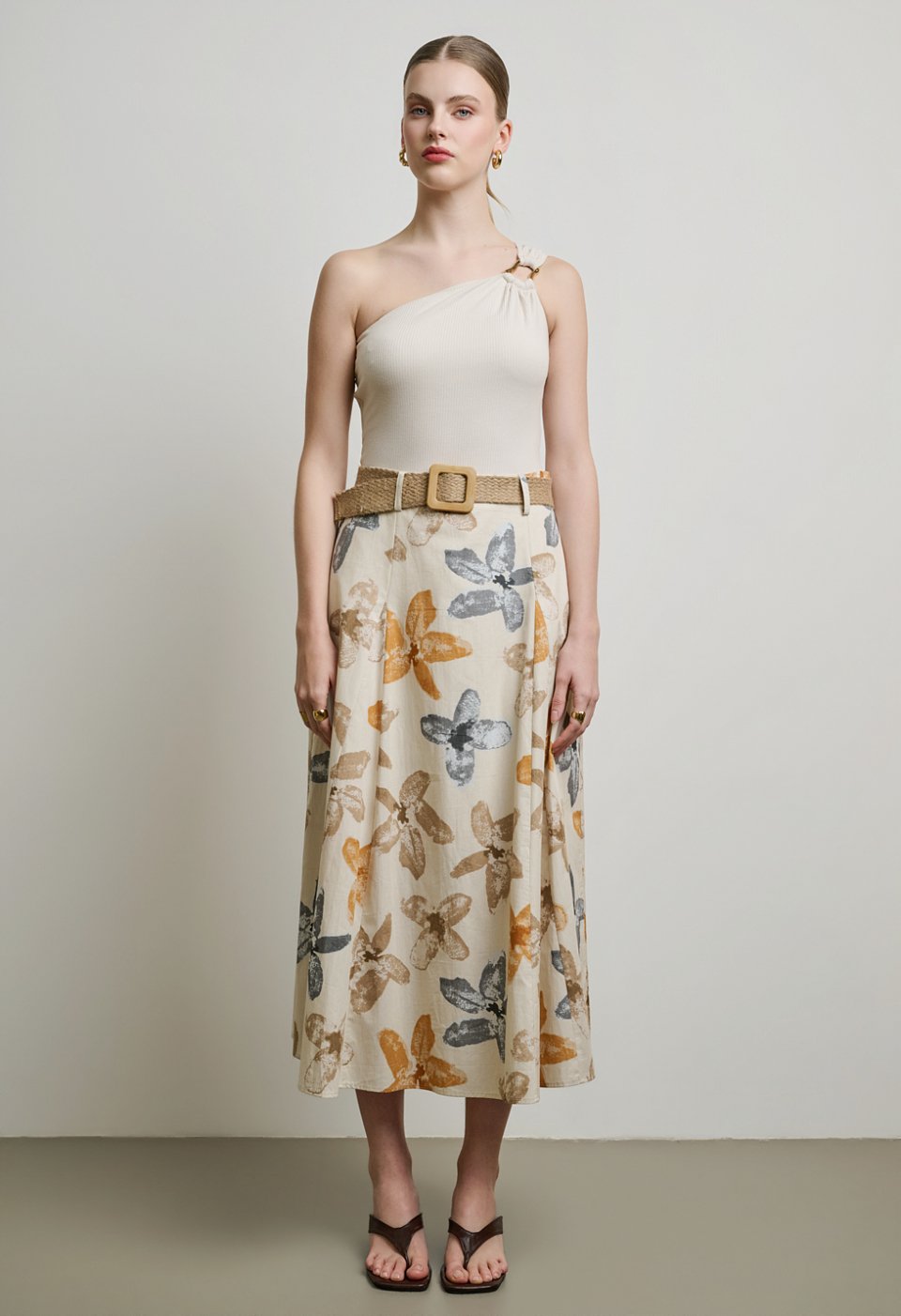 Midi floral A-line skirt with straw belt
