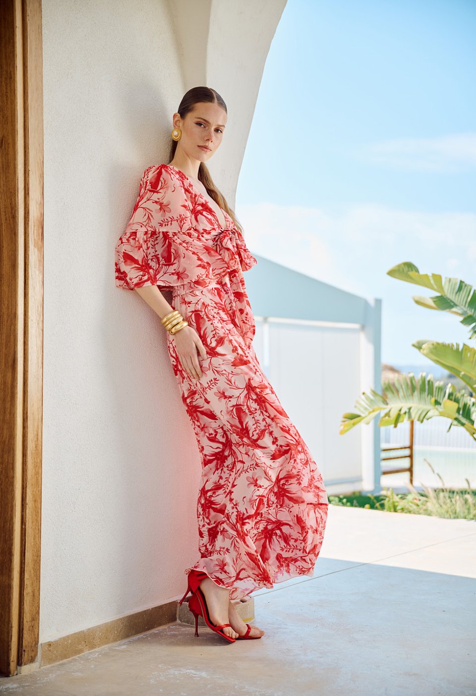 Maxi wrap skirt with print and ruffles