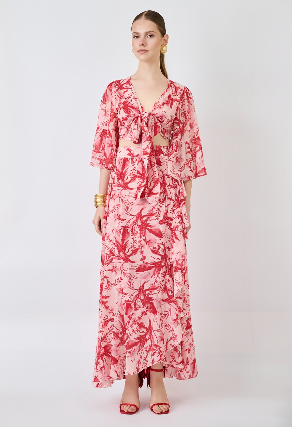 Maxi wrap skirt with print and ruffles