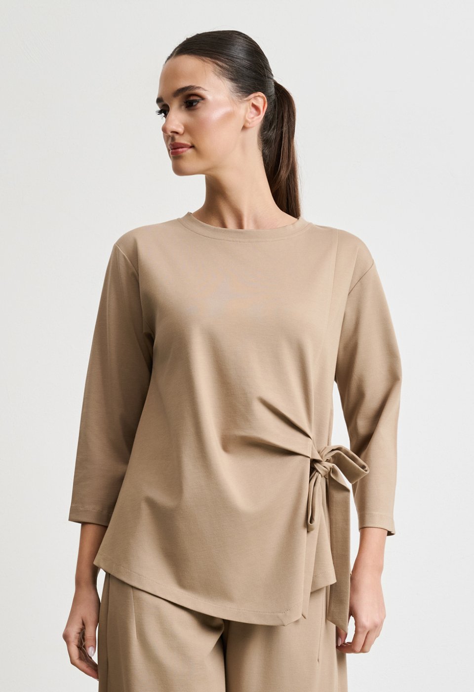 Tie-front blouse and barrel-leg trousers set