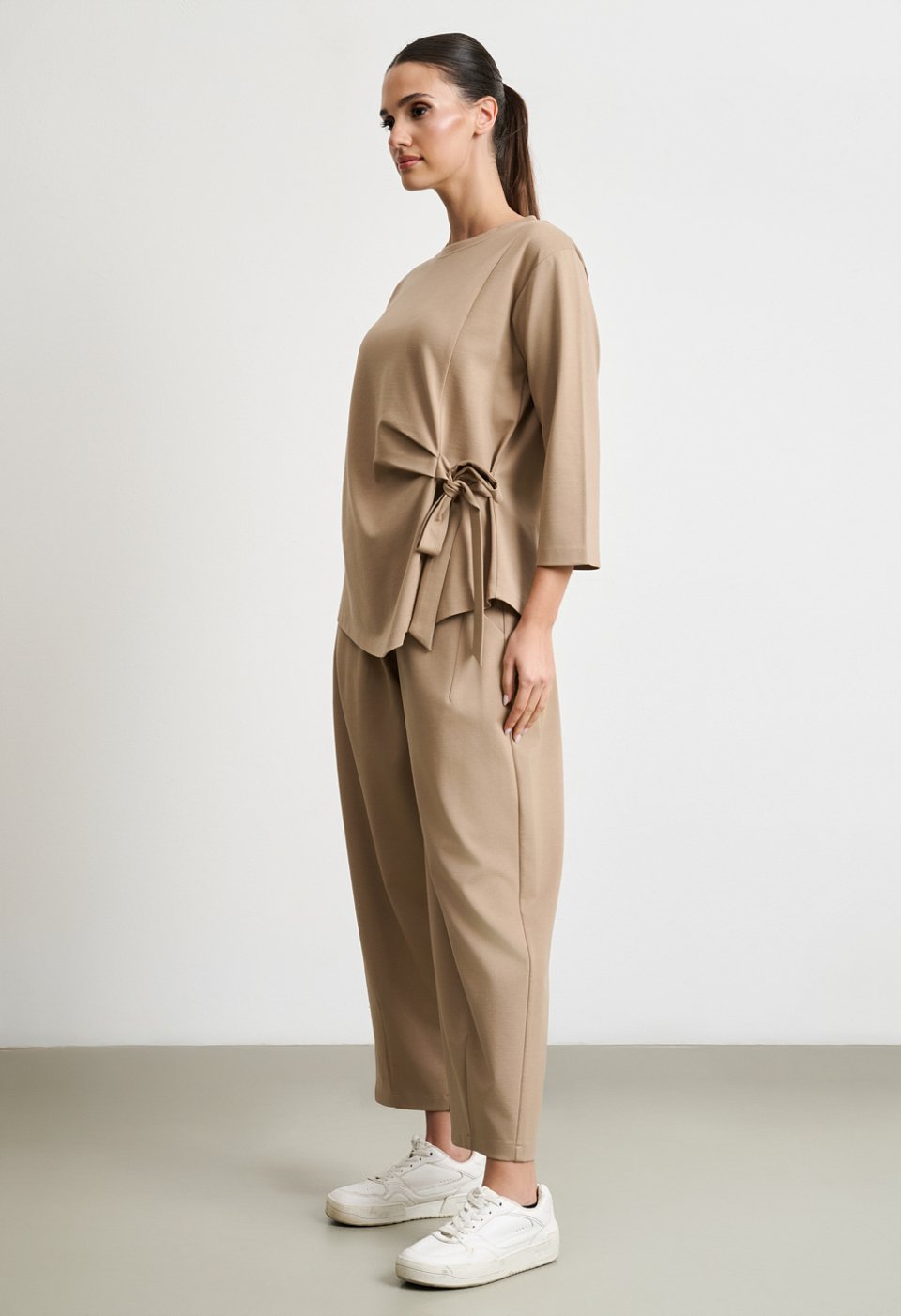 Tie-front blouse and barrel-leg trousers set