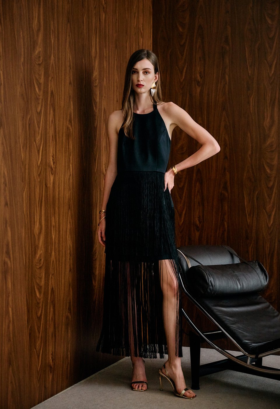 Black satin dress with fringes