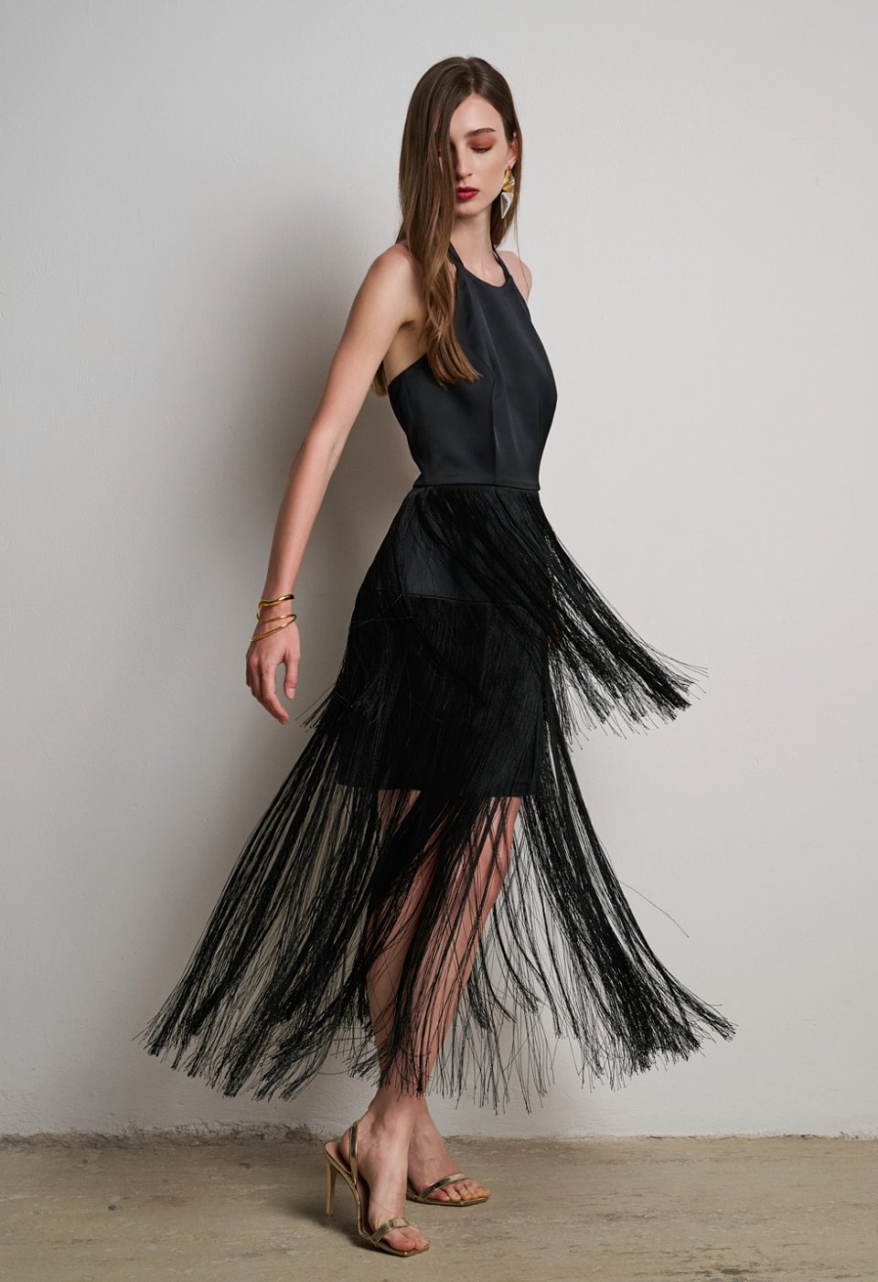 Black satin dress with fringes