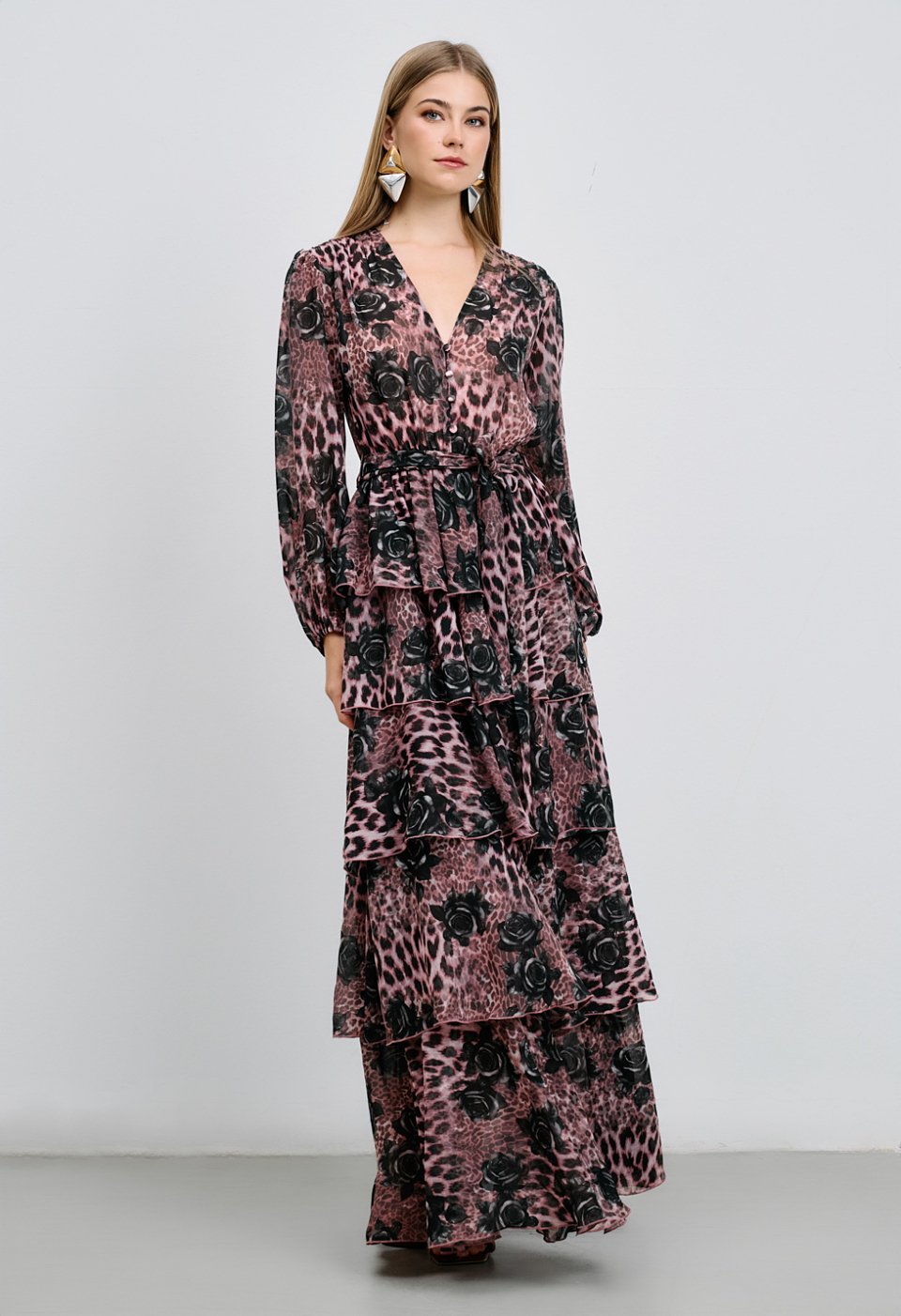 Μακρύ φόρεμα με animal print και βολάν