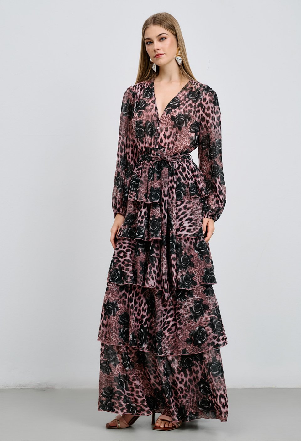 Μακρύ φόρεμα με animal print και βολάν