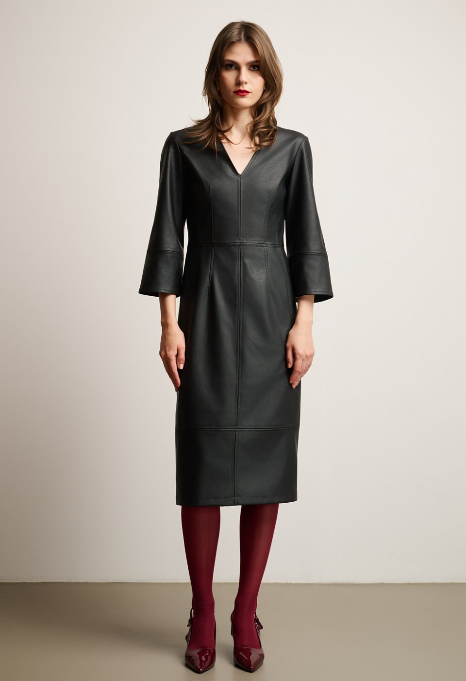 Midi dress with V-neckline and leather effect