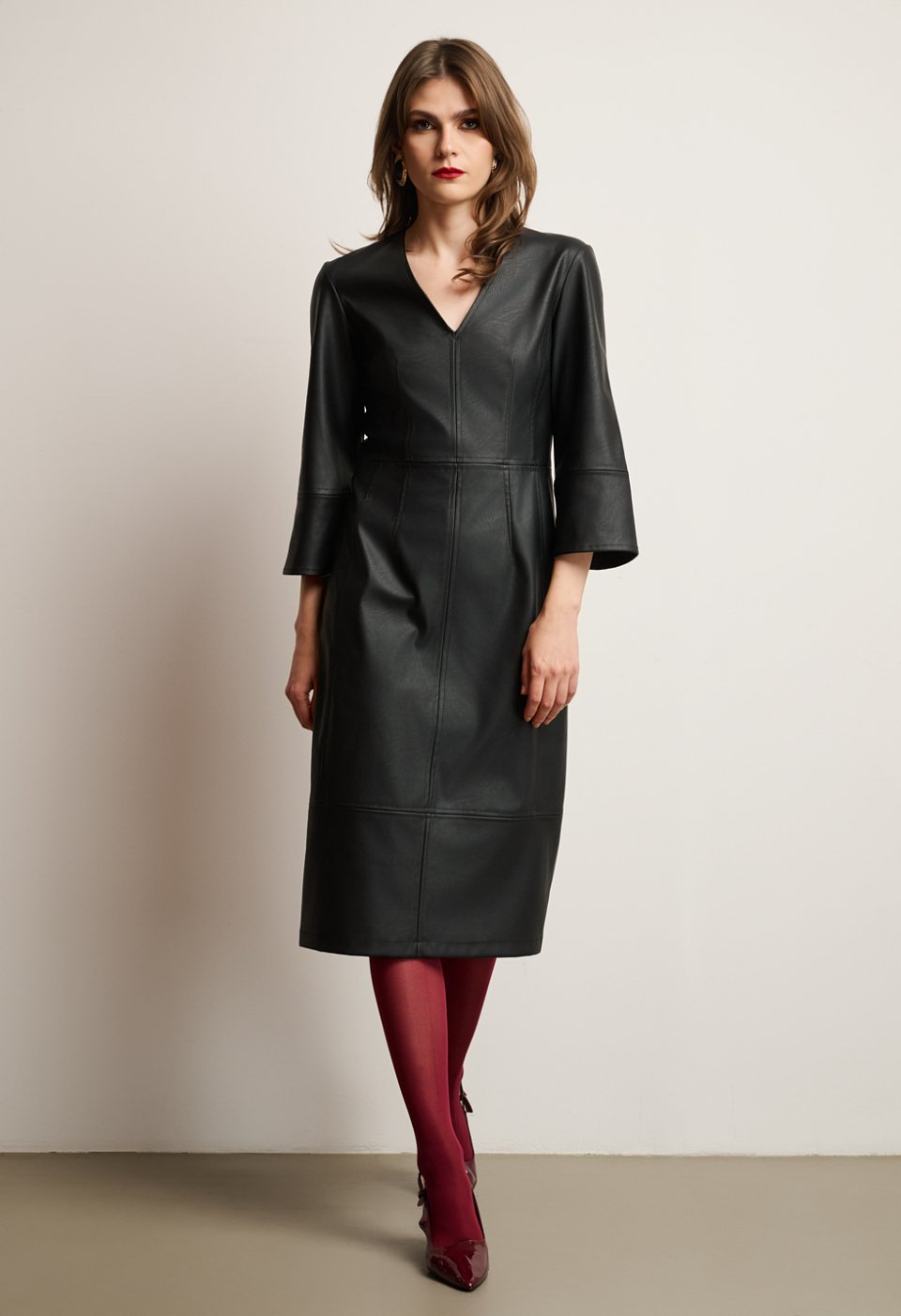 Midi dress with V-neckline and leather effect
