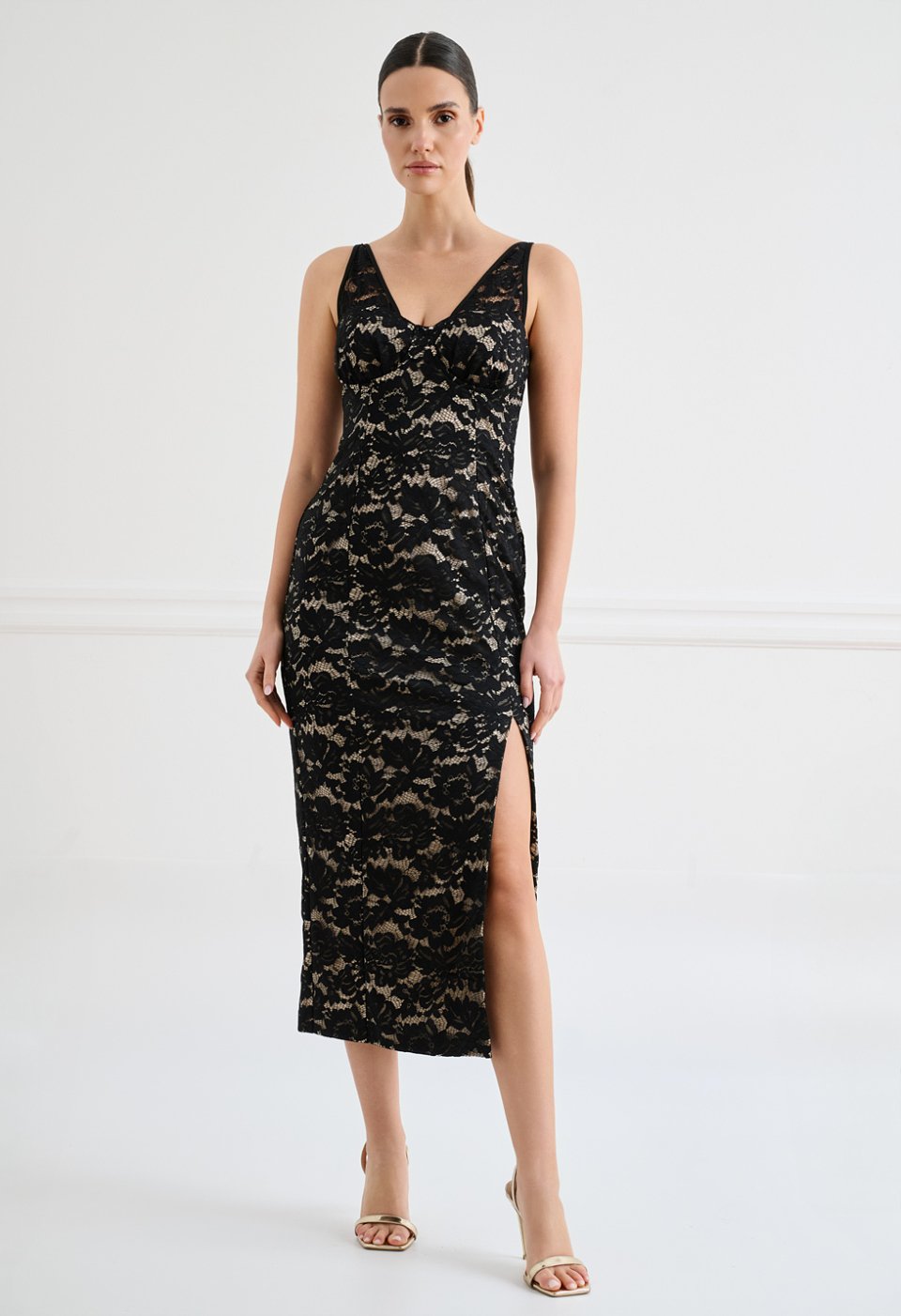 Black lace midi dress with straps