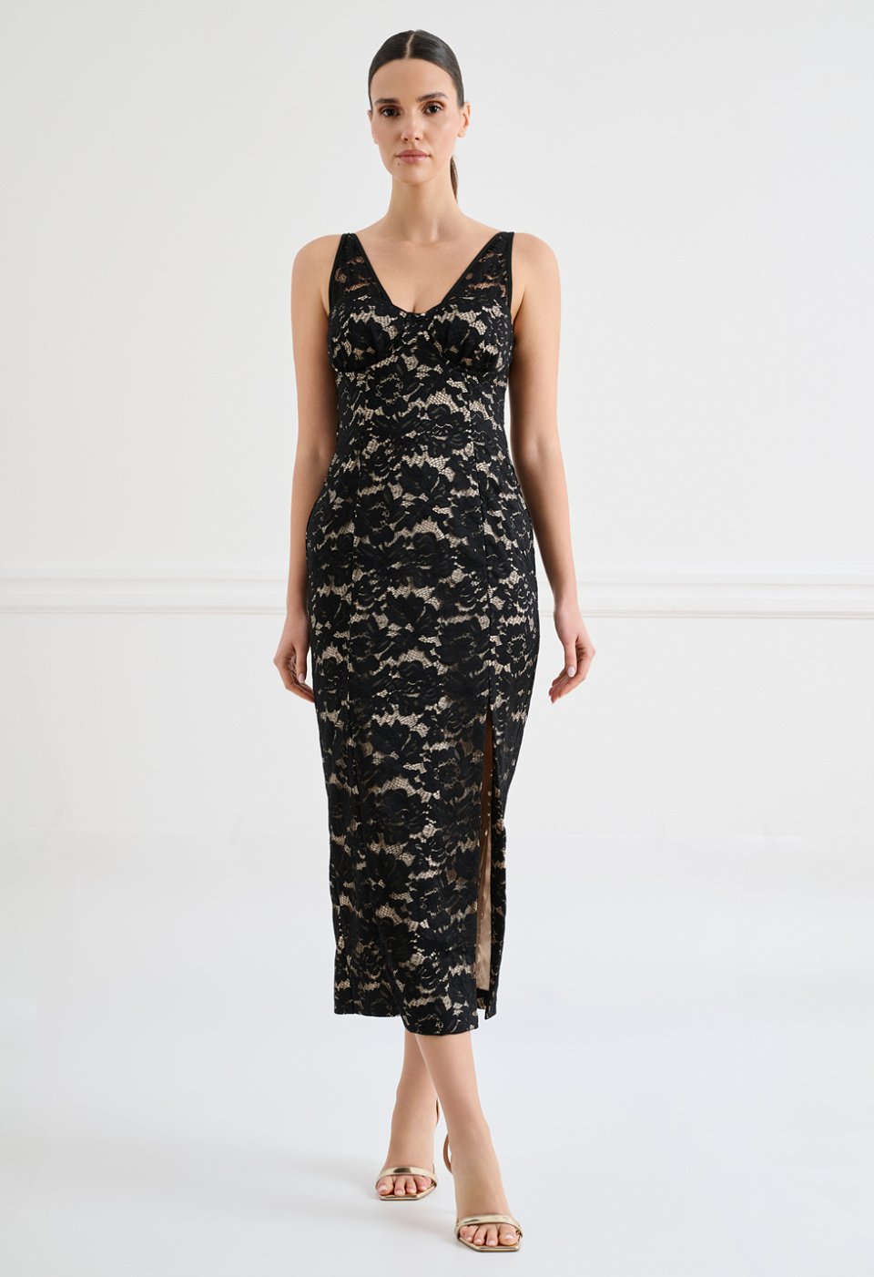 Black lace midi dress with straps