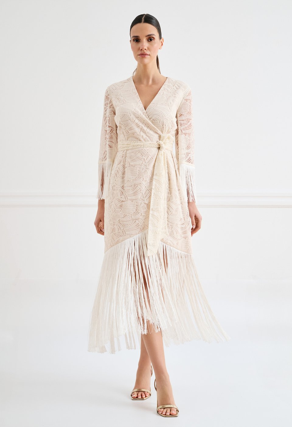 Lace wrap midi dress with fringe