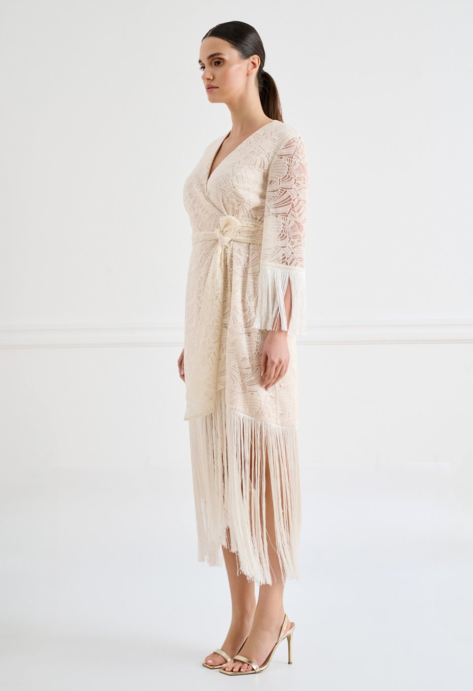 Lace wrap midi dress with fringe