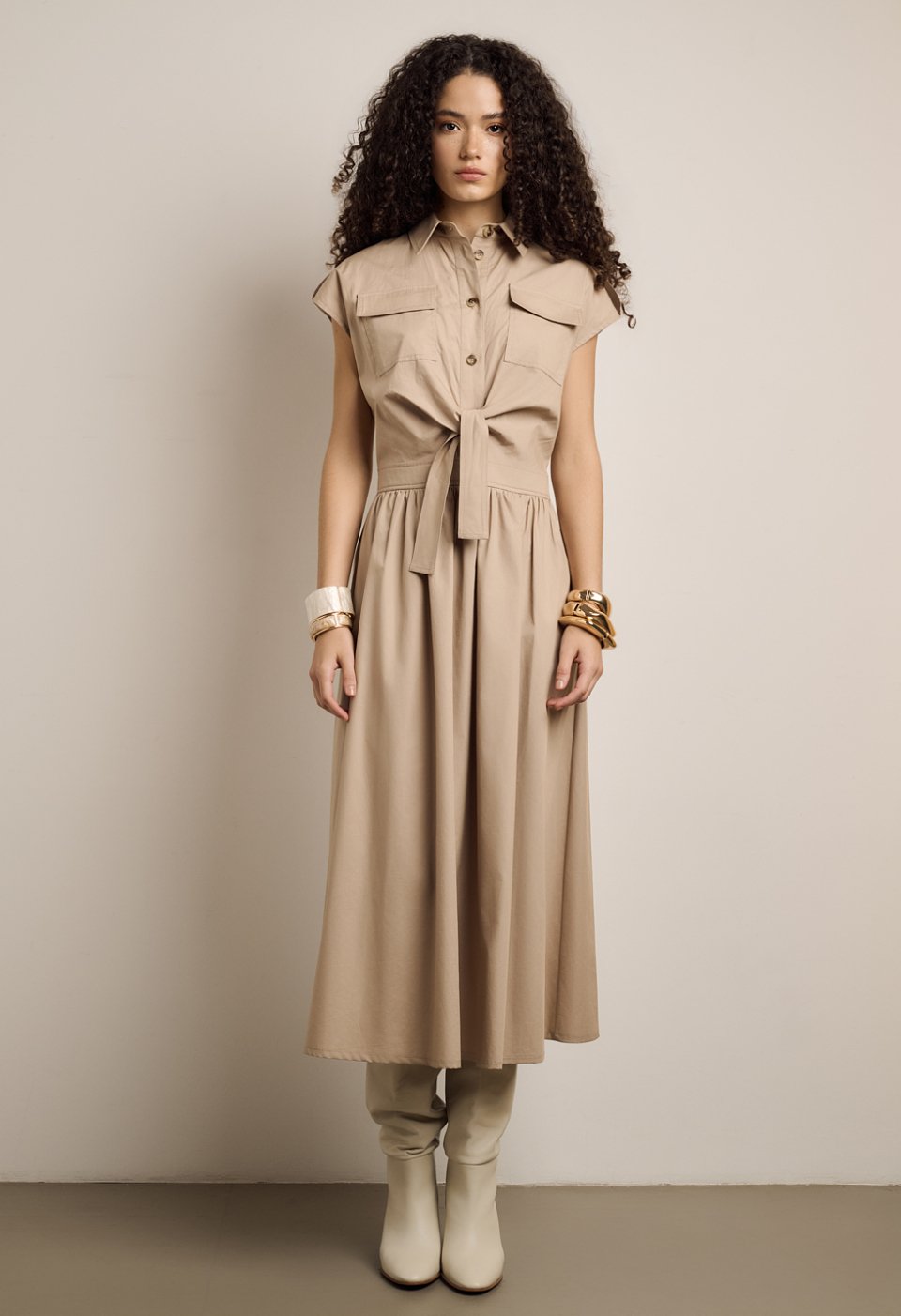 Poplin midi dress with belt