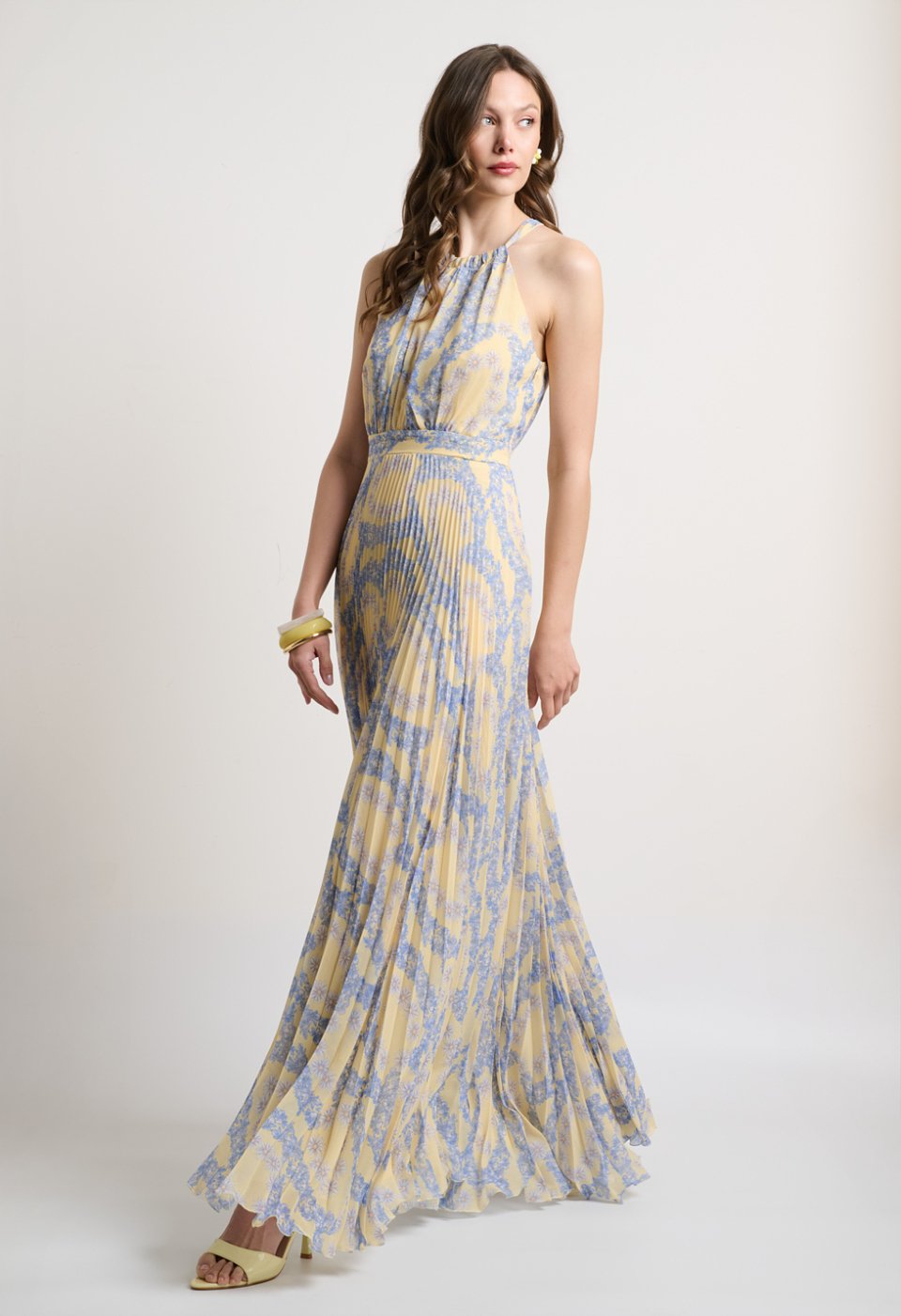 Pleated maxi dress with print and halter neckline