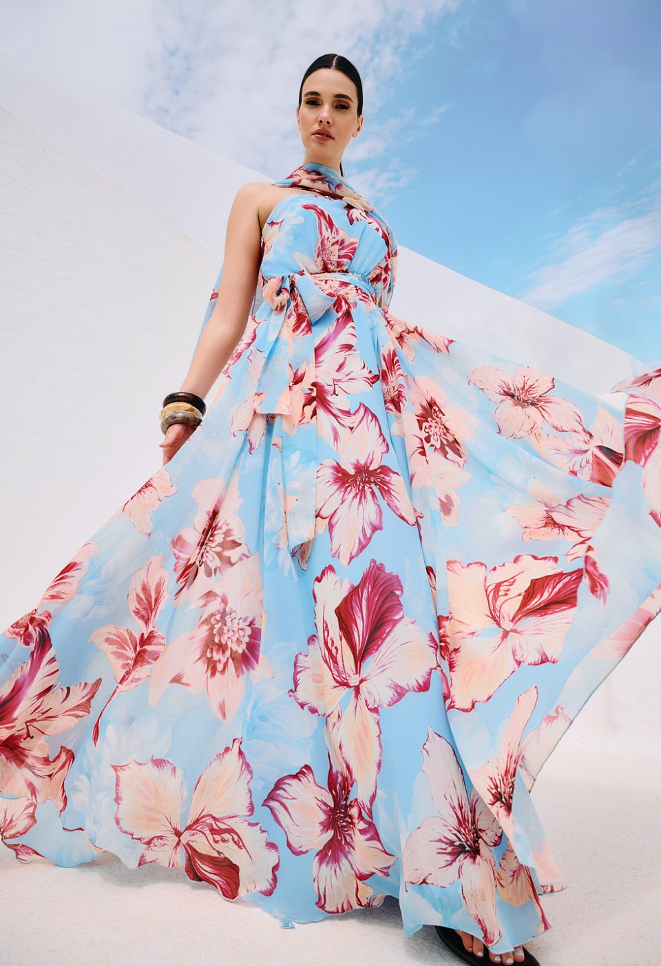 Maxi floral one-shoulder dress in light blue