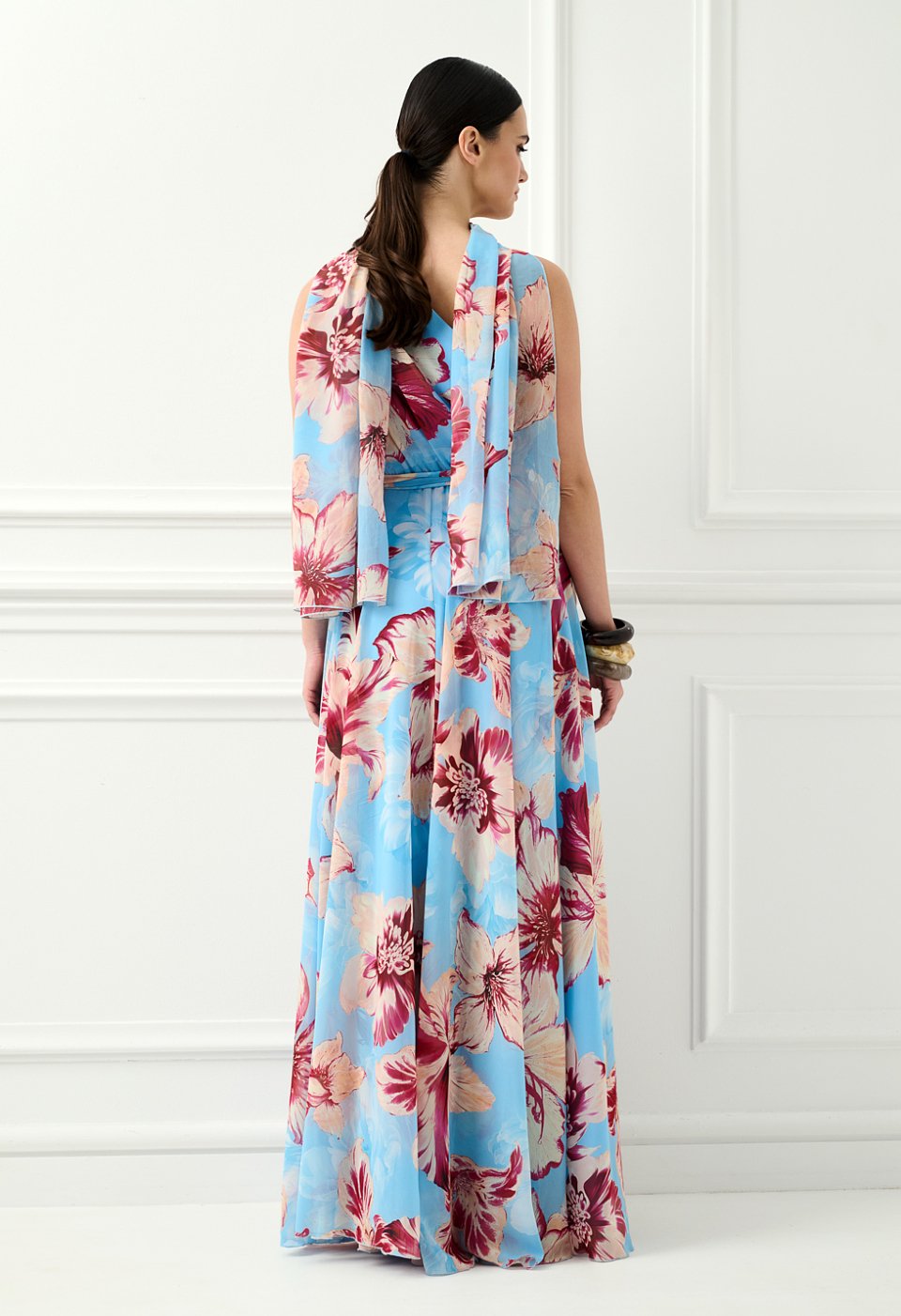 Maxi floral one-shoulder dress in light blue