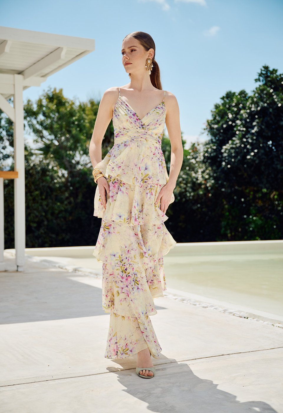 Floral maxi dress with straps and ruffles