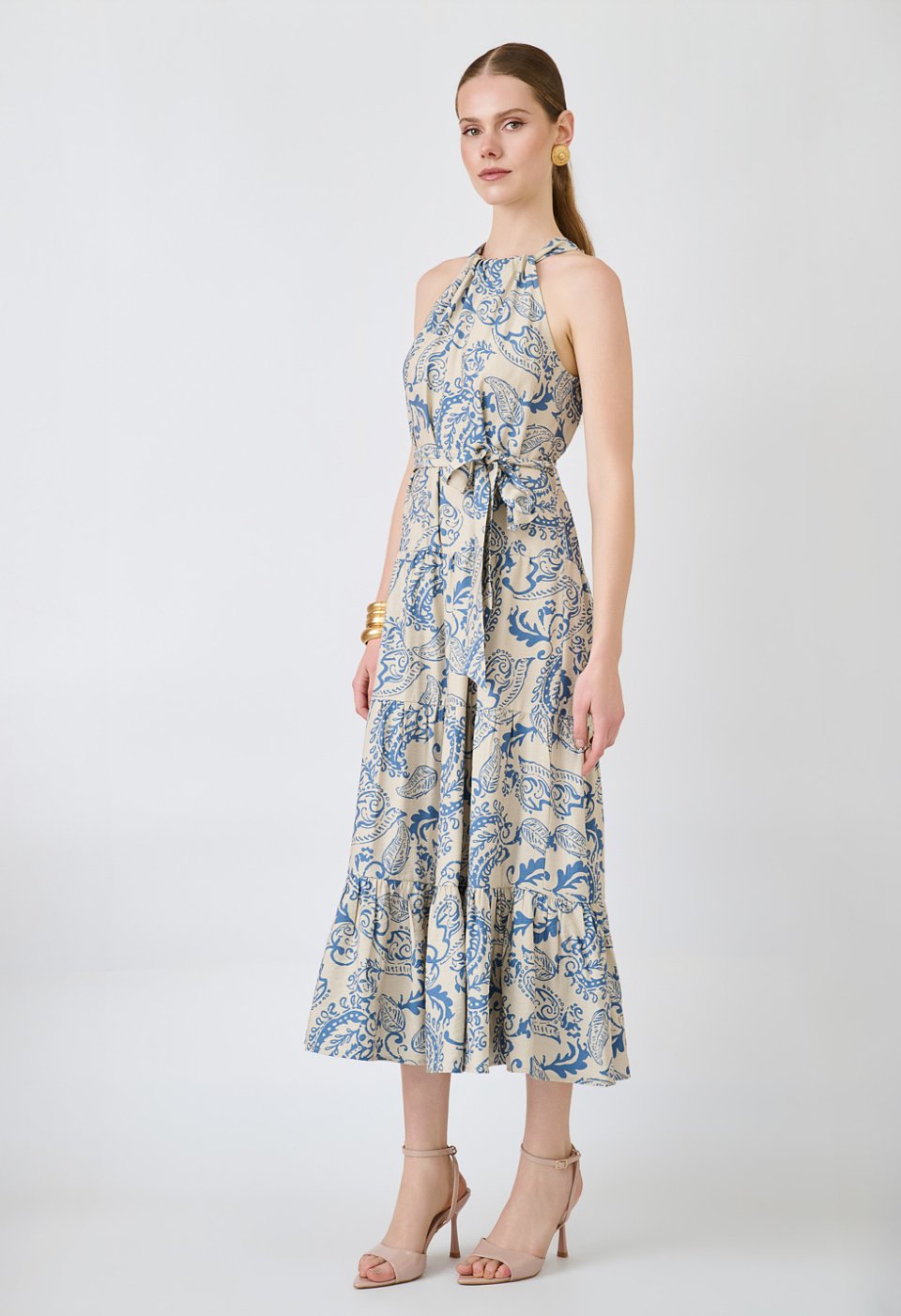 Printed halter midi dress with belt