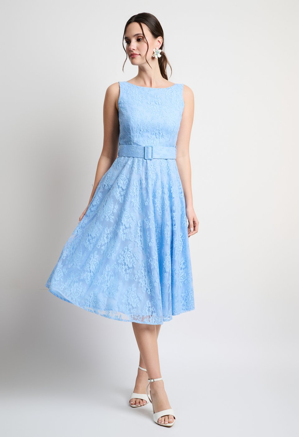 Lace midi dress with belt and V-back