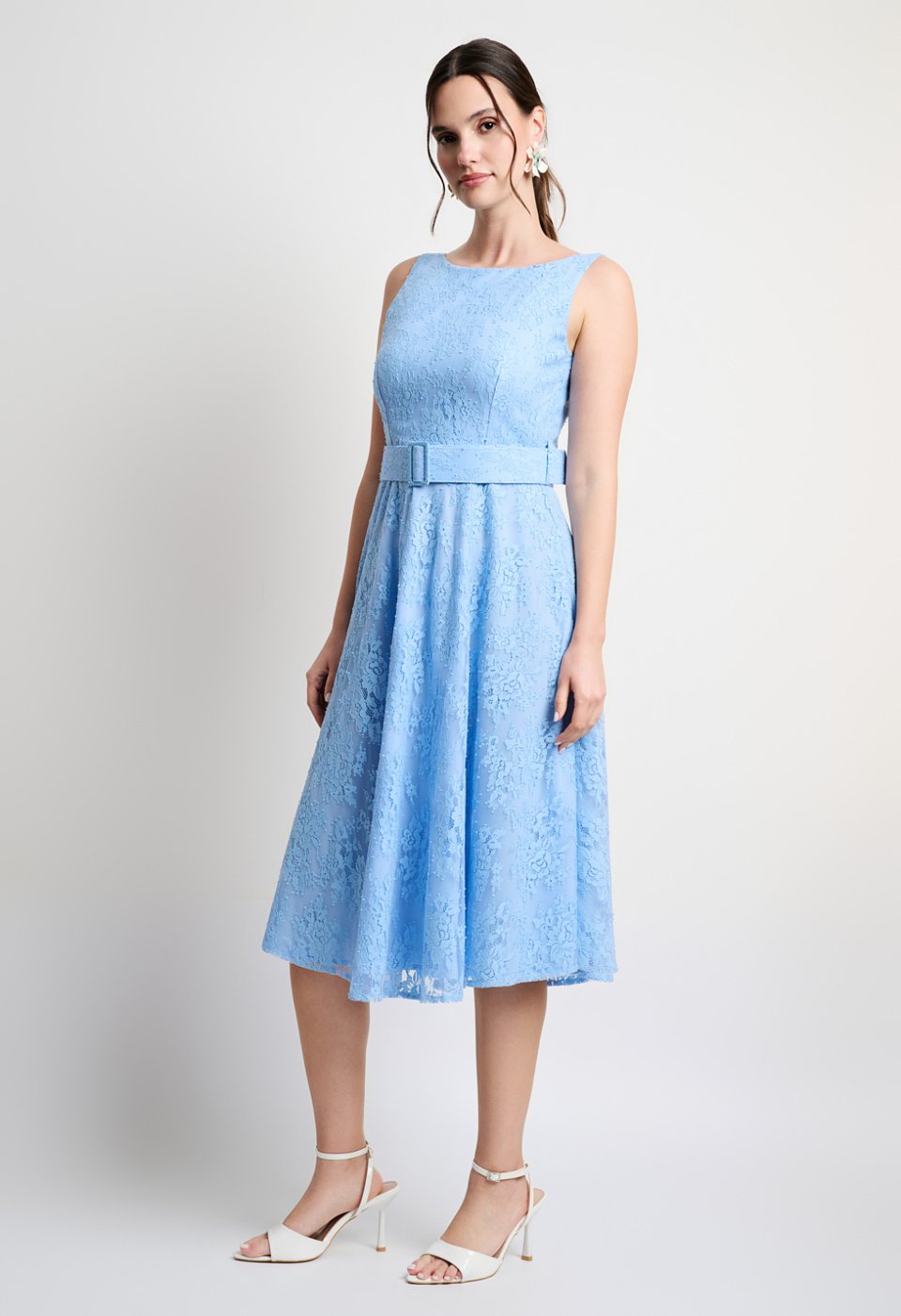Lace midi dress with belt and V-back
