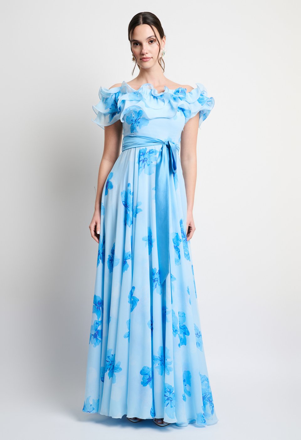 Sky blue floral maxi dress with ruffles