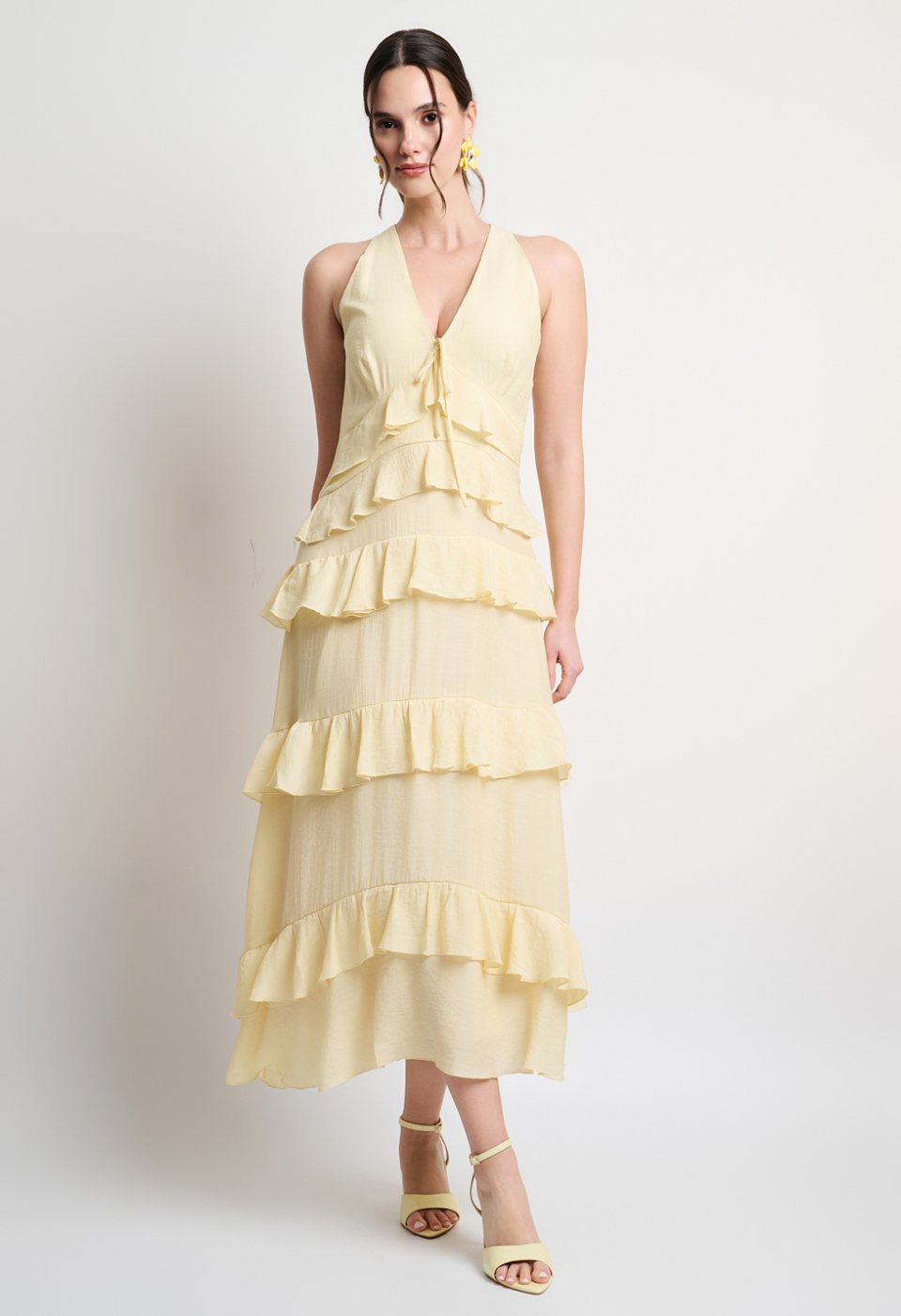 Ruffled midi dress with a V-neckline