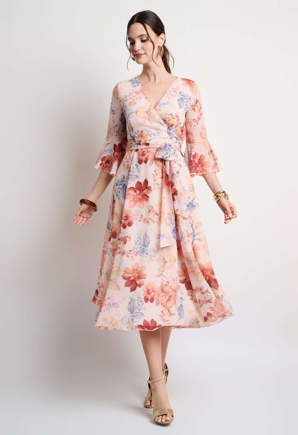 Floral wrap midi dress with belt
