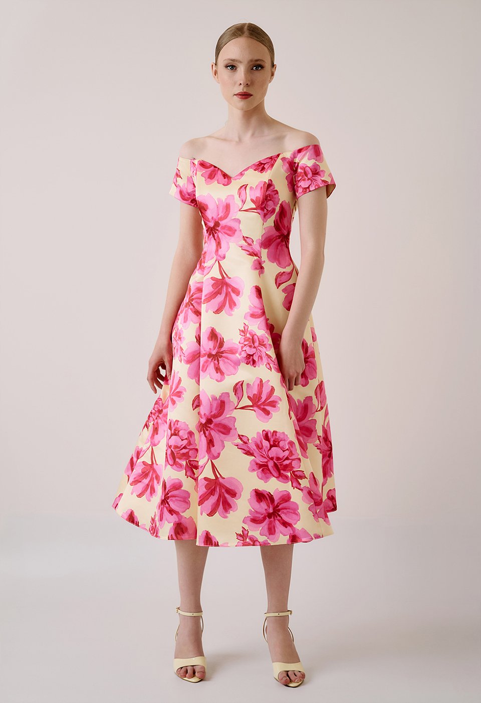 Floral midi dress with off-shoulder design