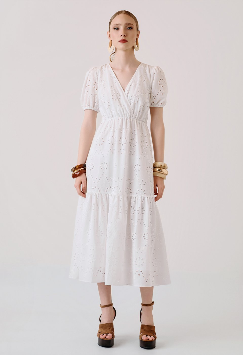 Midi broderie dress with puff sleeves