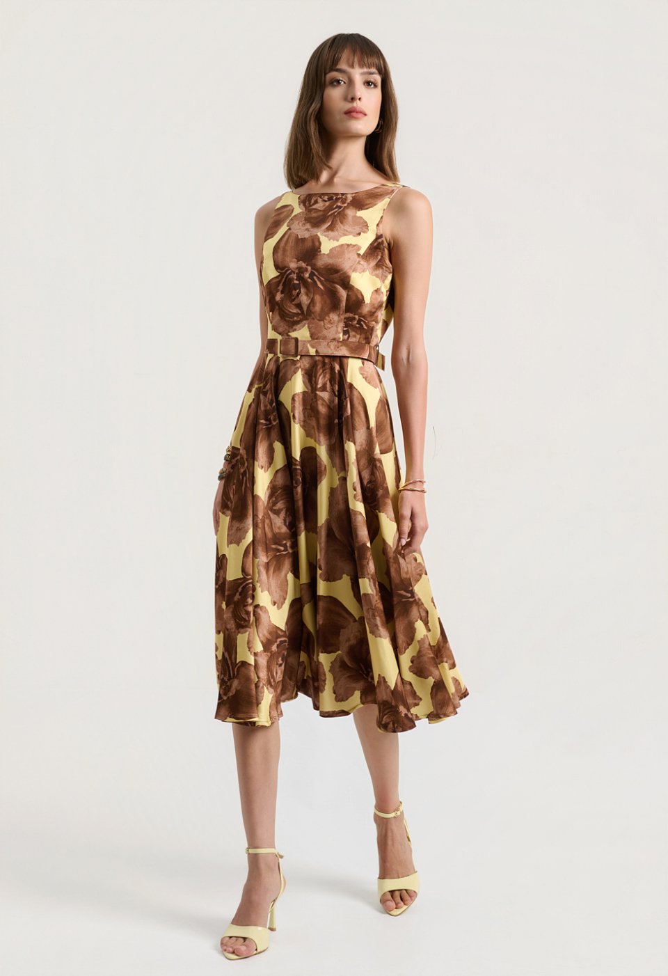 Floral midi dress with a belt and V-back