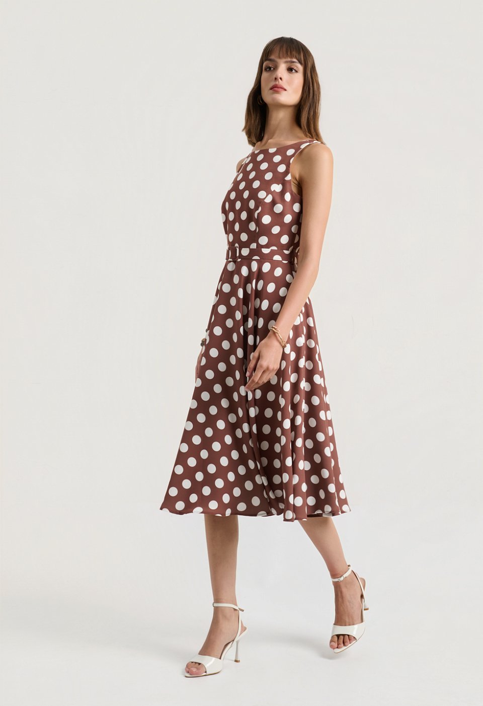Midi polka dot dress with a belt and V-back