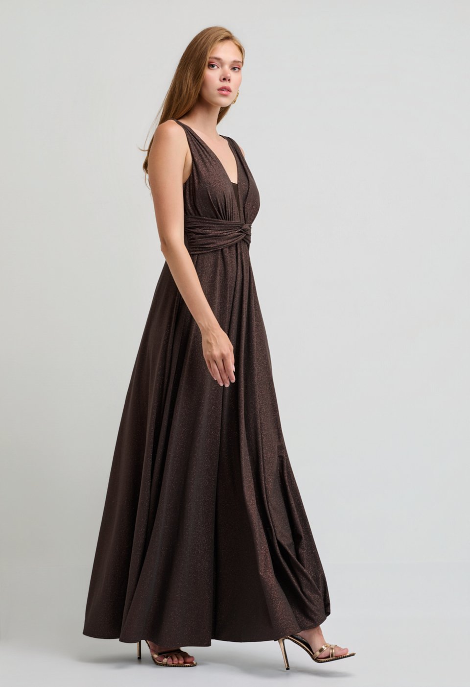 Maxi lurex dress with a plunging neckline and an open back