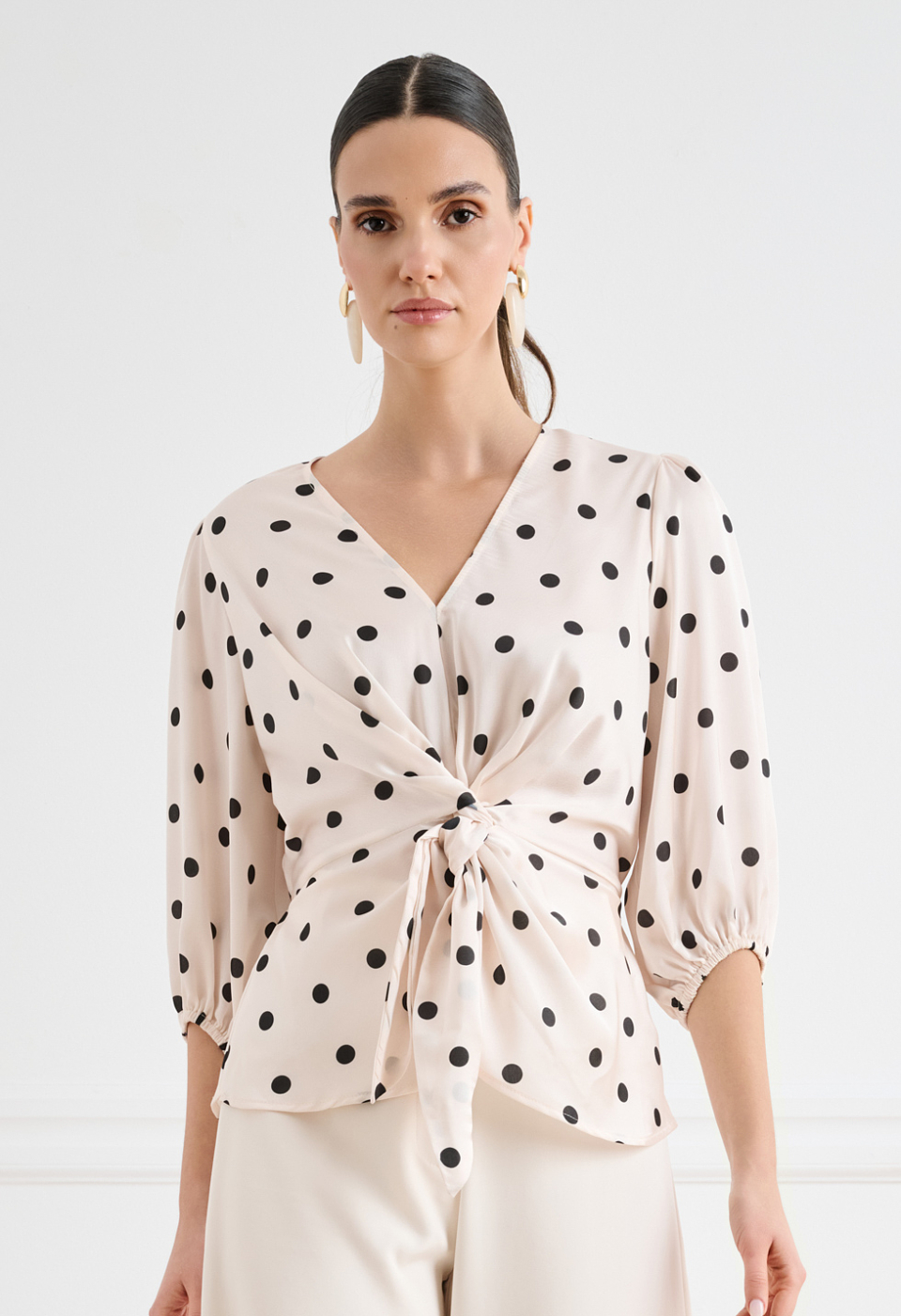 Satin polka-dot wrap top with tie fastening