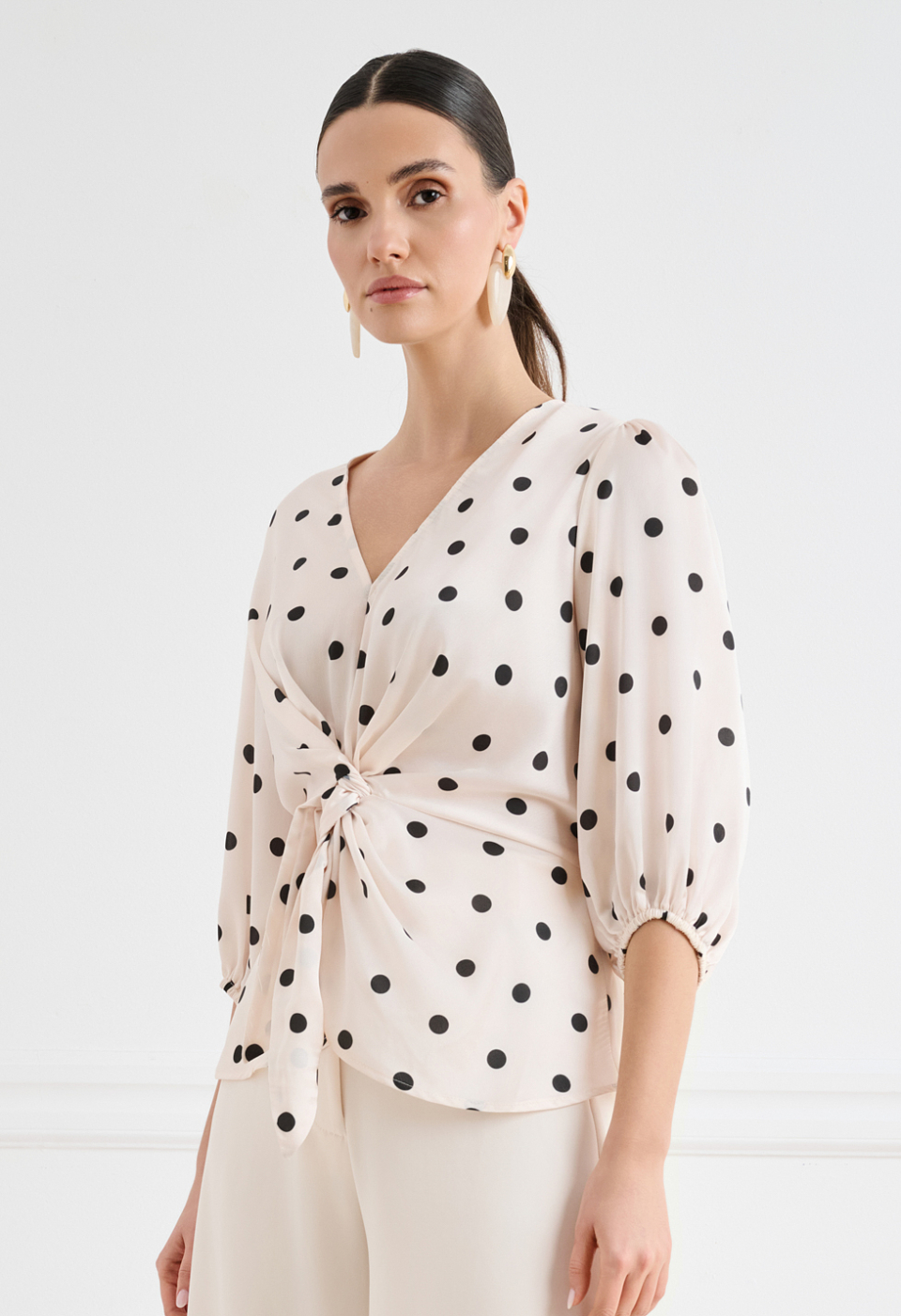 Satin polka-dot wrap top with tie fastening