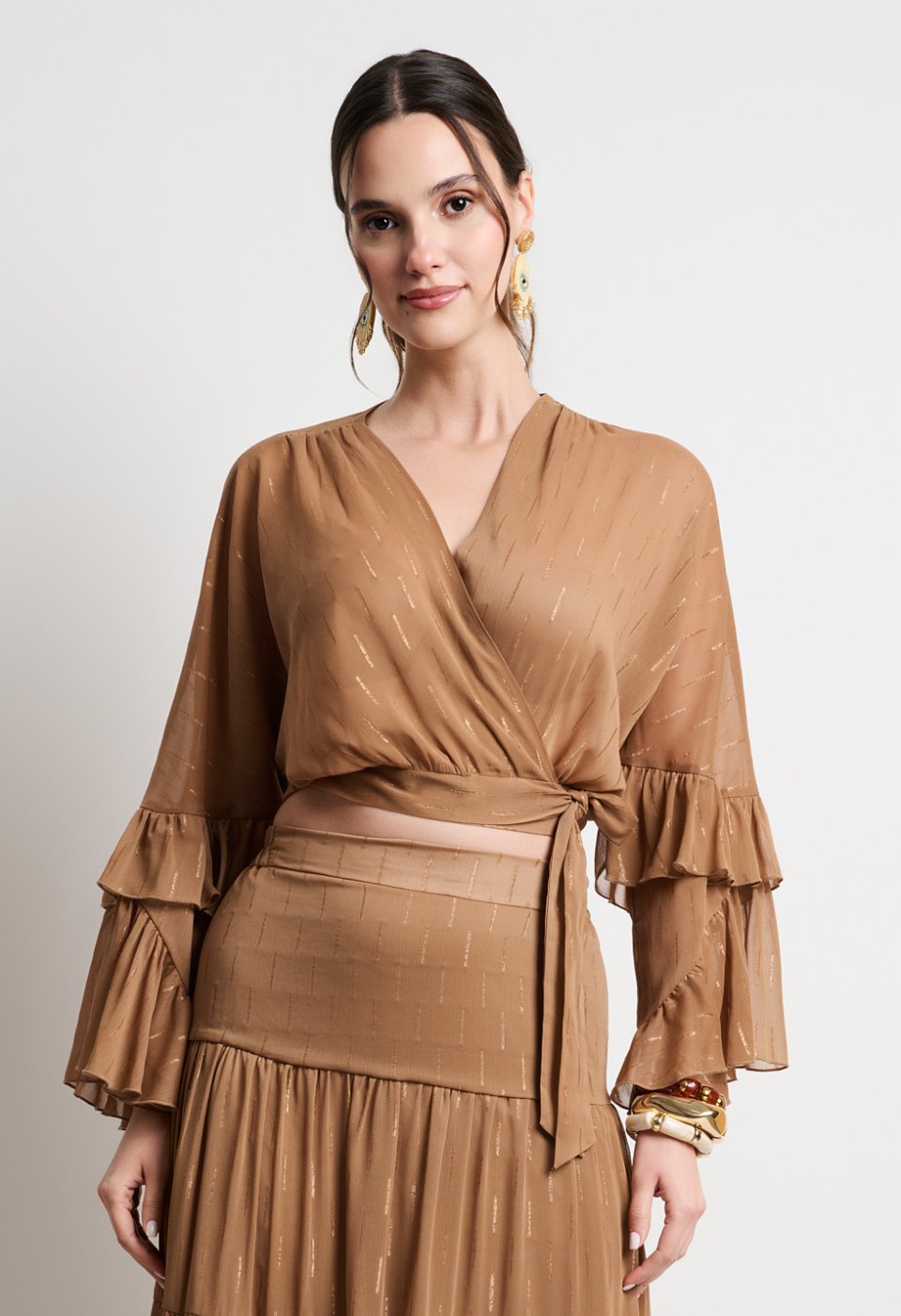 Brown wrap crop top with ruffled sleeves