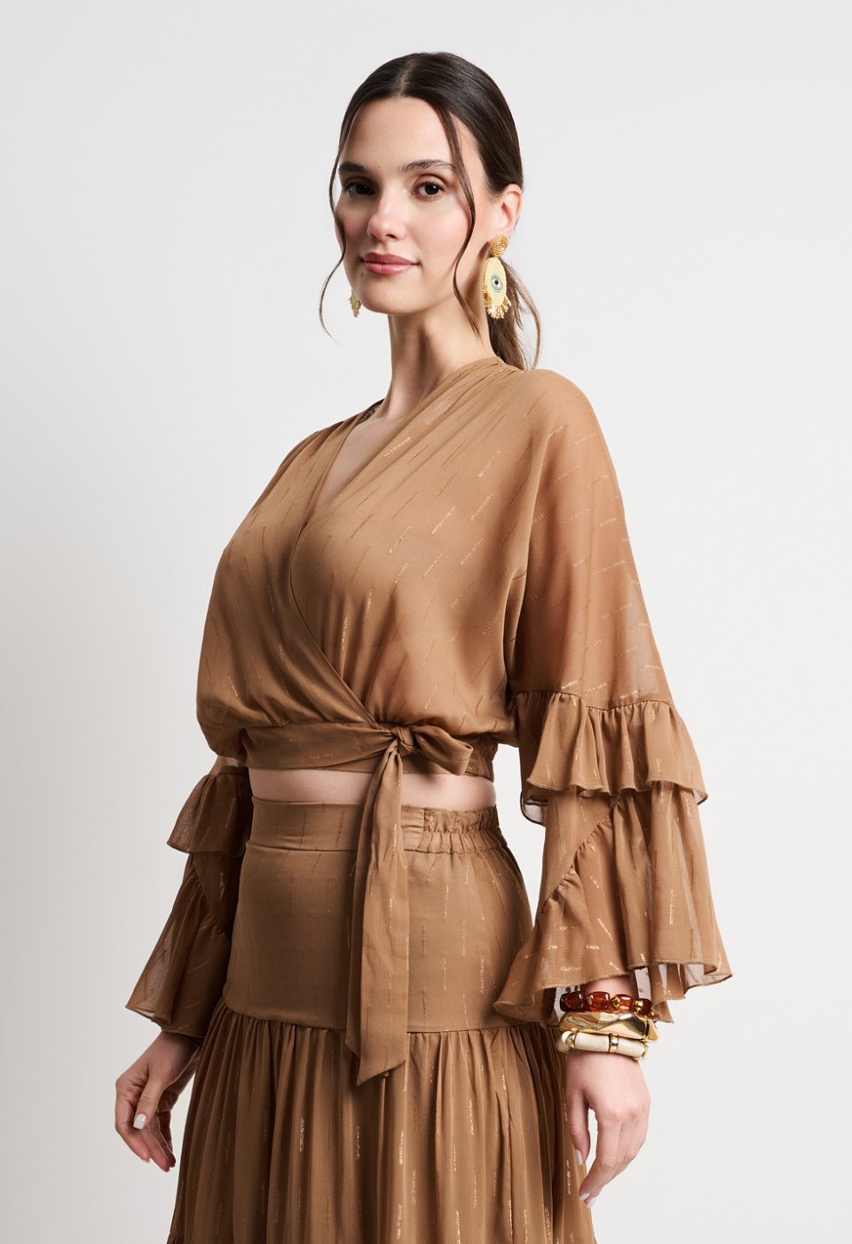 Brown wrap crop top with ruffled sleeves