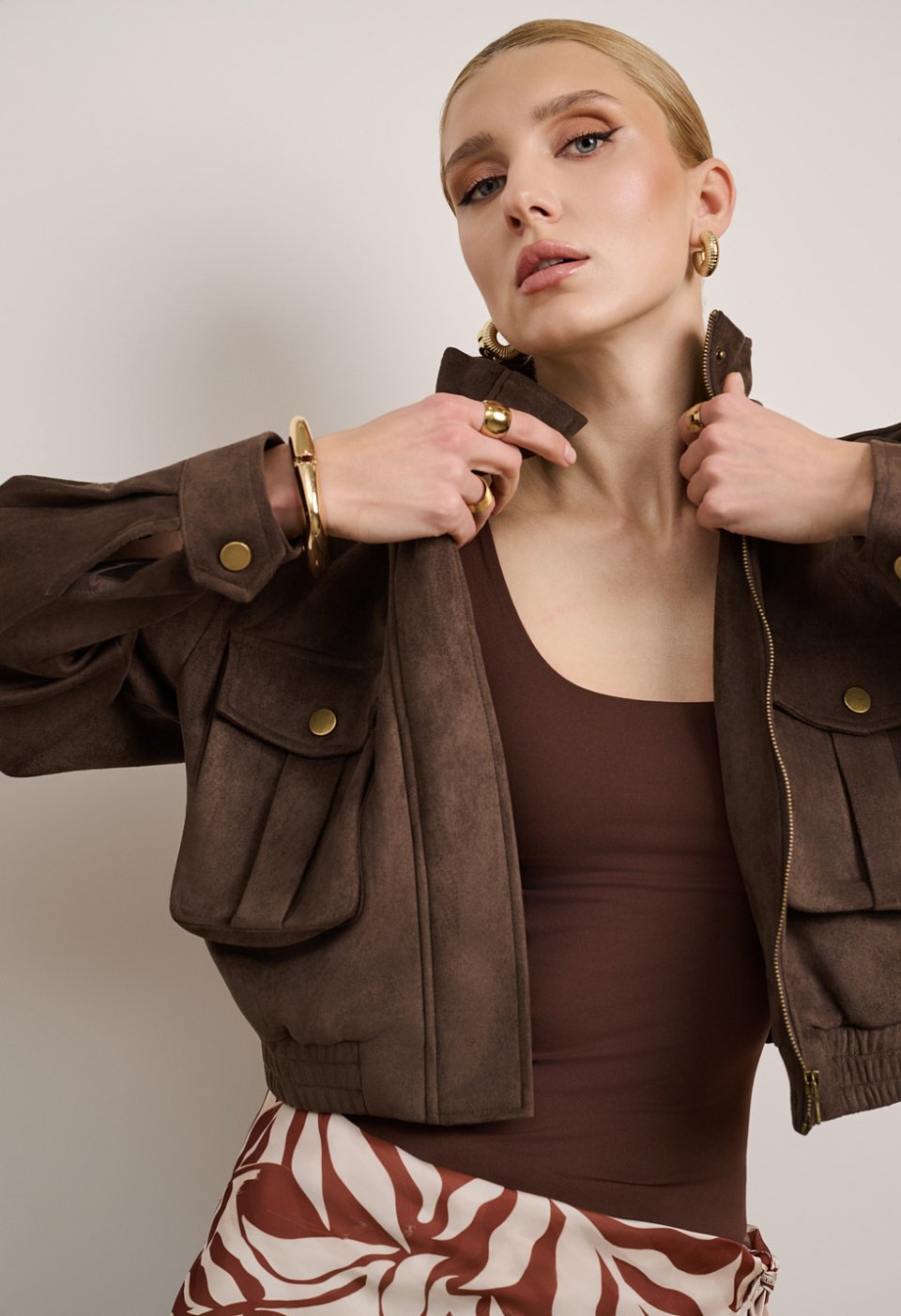 Suede cropped jacket with high neck