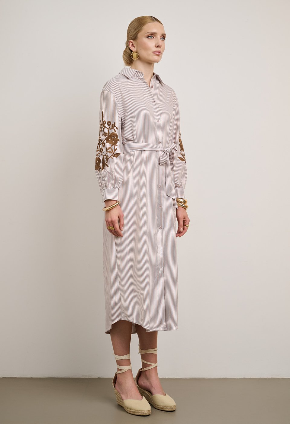 Striped midi shirt dress with embroidery