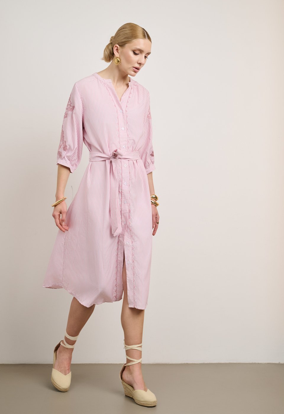 Striped dress with embroidery and belt