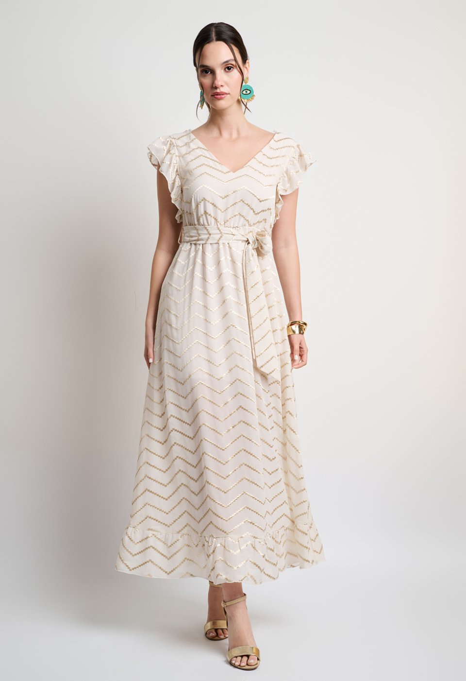 Maxi dress with gold embroidery and ruffles