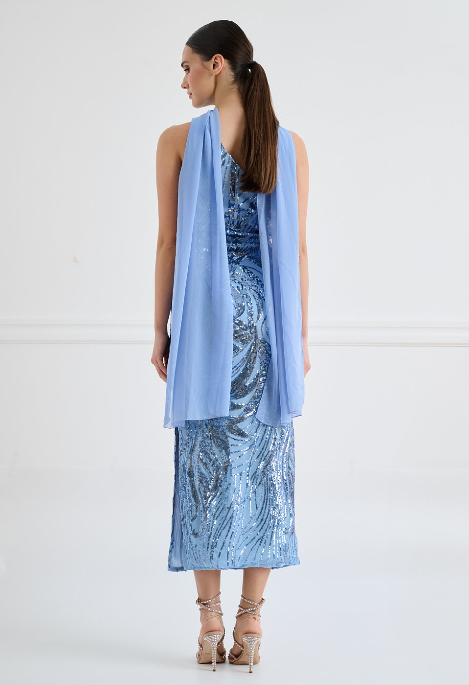 One-shoulder midi dress with sequins and a matching scarf