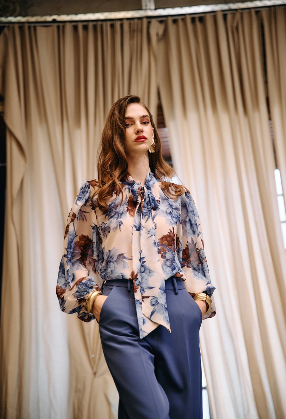 Floral tie-neck blouse