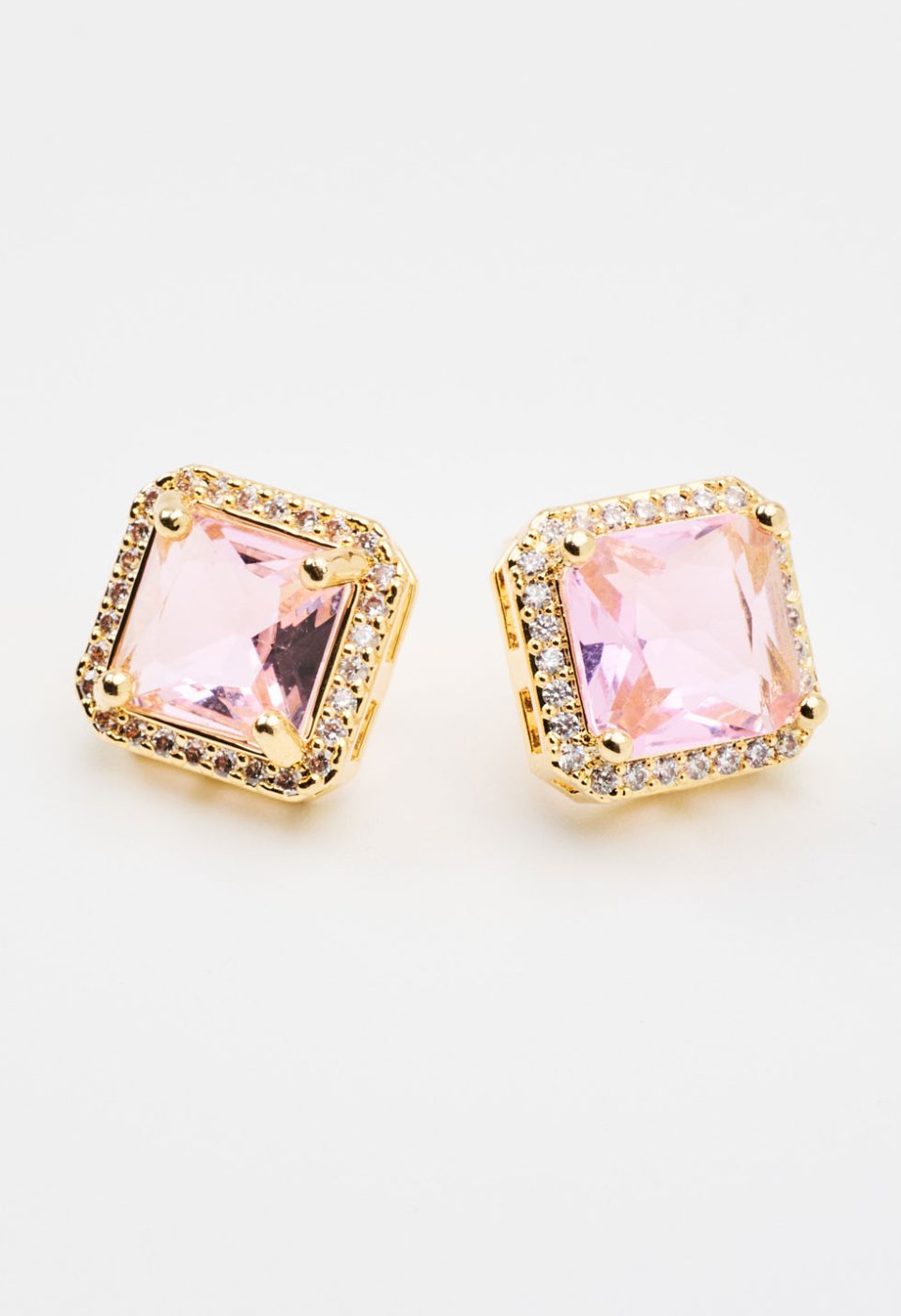 Square earrings with a pink stone and crystal details